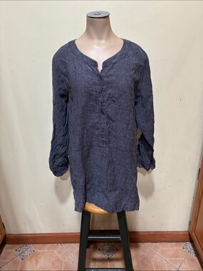 Eileen Fisher Indigo Button-Front 100% Linen Tunic